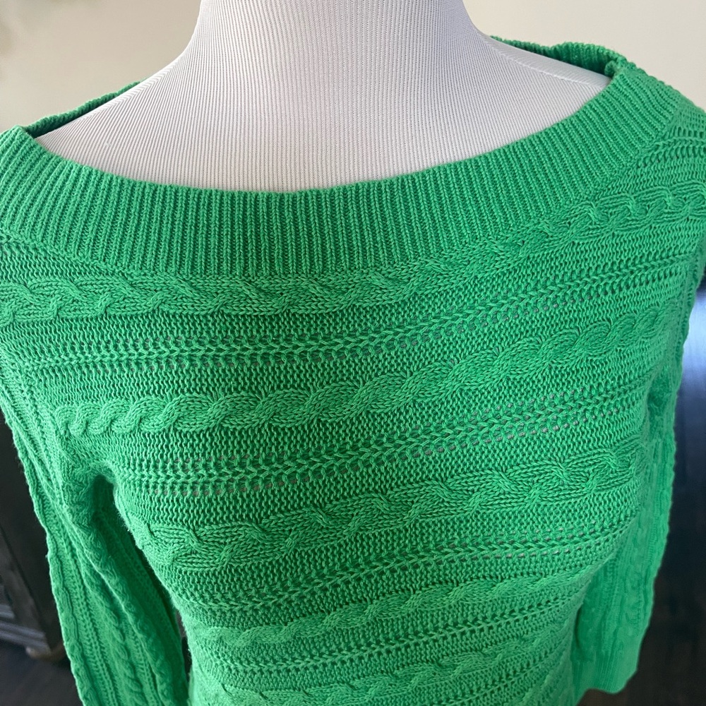 CHAPS Ralph Lauren Kelly Green Boatneck Cable Knit Sweater 3/4 Sleeve MEDIUM